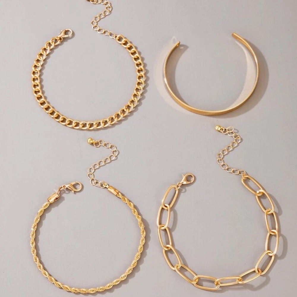 Gold minimalist bracelet set chain cuff bangle - Picture 2 of 3